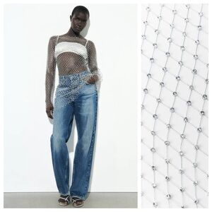 NWT. Zara Silver Semi-Sheer Mesh Rhinestone Midi Dress. Size M.